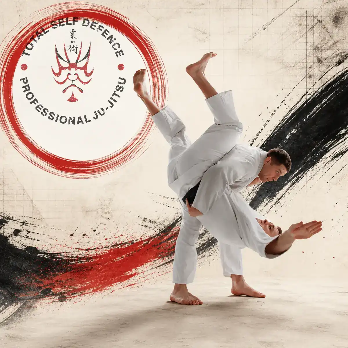 Adult Ju-Jitsu students demonstrating a controlled hip throw