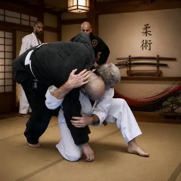 Adult Total Self Defence students practising a controlled Ju-Jitsu takedown