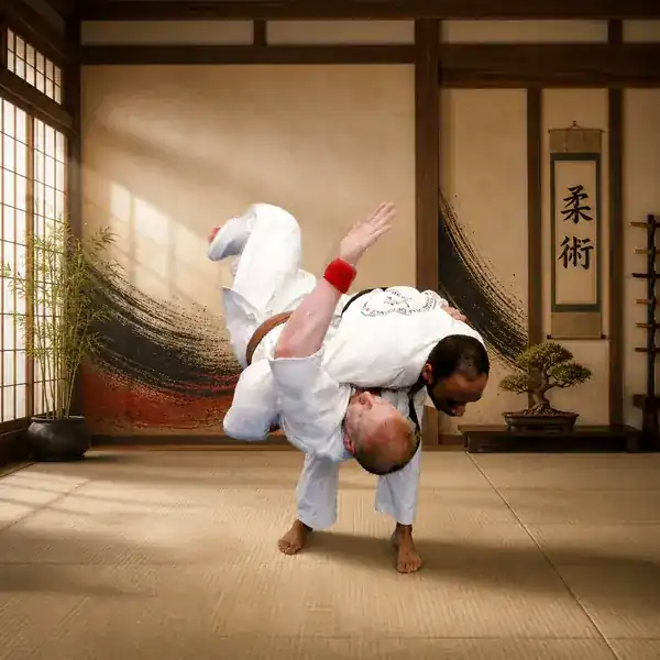 Adult Ju-Jitsu students practising a controlled shoulder throw