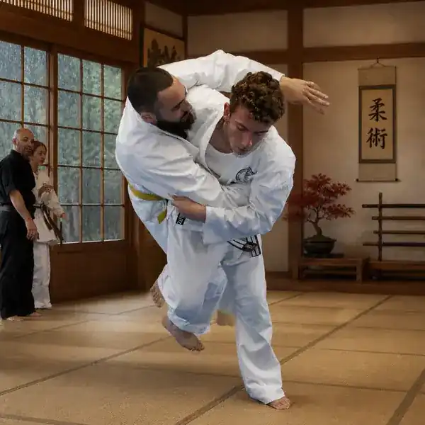 Teen Ju-Jitsu students practising a controlled partner throw