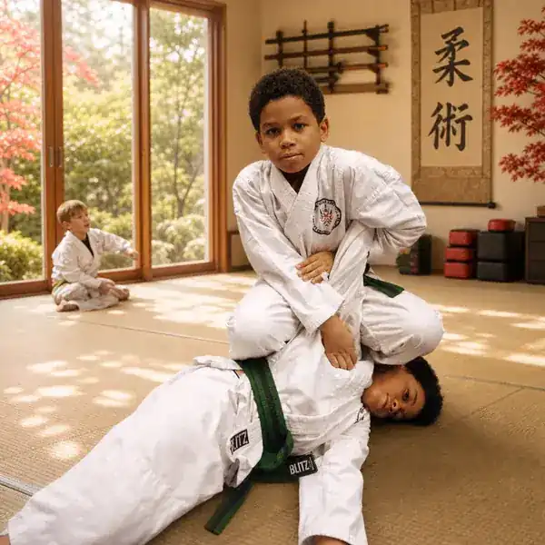 Children practising a safe supervised Ju-Jitsu ground lock